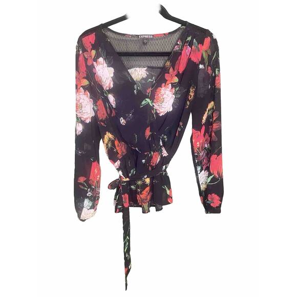 Express Blouse Womens Small Peplum Sheer Floral Dark Romantic Office Party Shirt - Picture 10 of 10